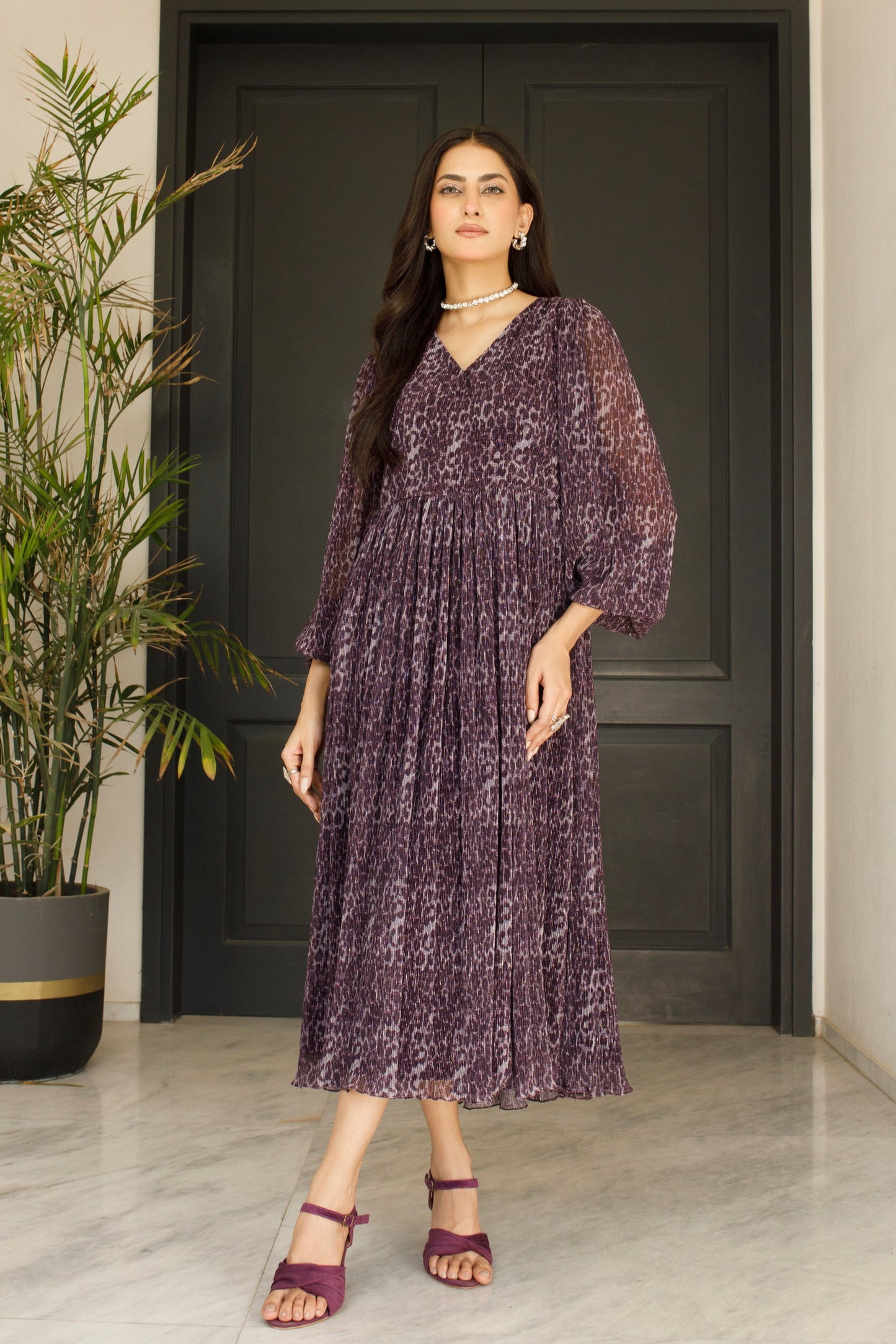Purple Leopard Print Midi Dress