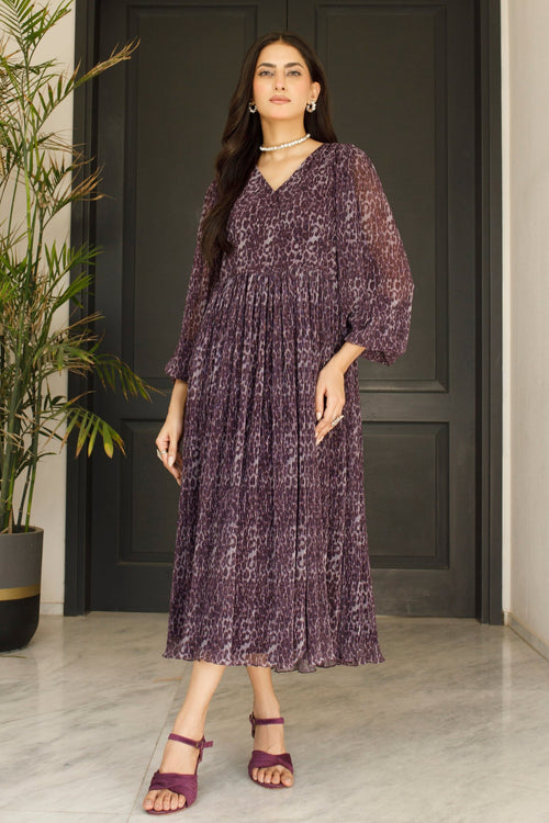 Purple Leopard Print Midi Dress