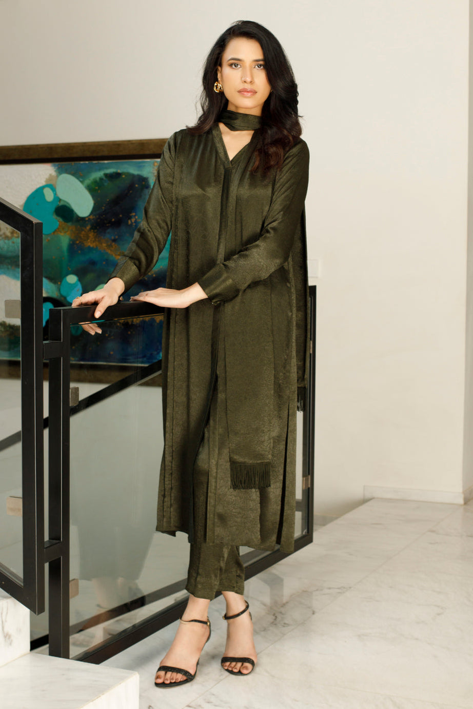 Rifle Green Color Silk Dress | Elegant Velour Style VELOUR Rifle Green Color Silk Dress | Elegant Velour Style VELOUR