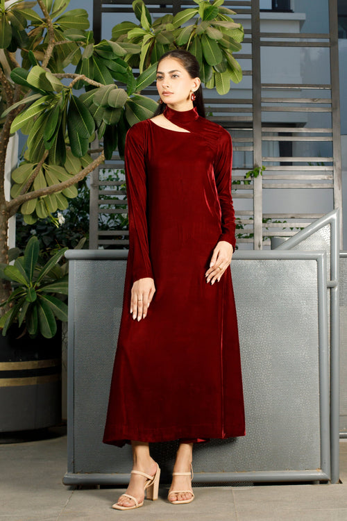 Wine Velvet Cutout Long Dress