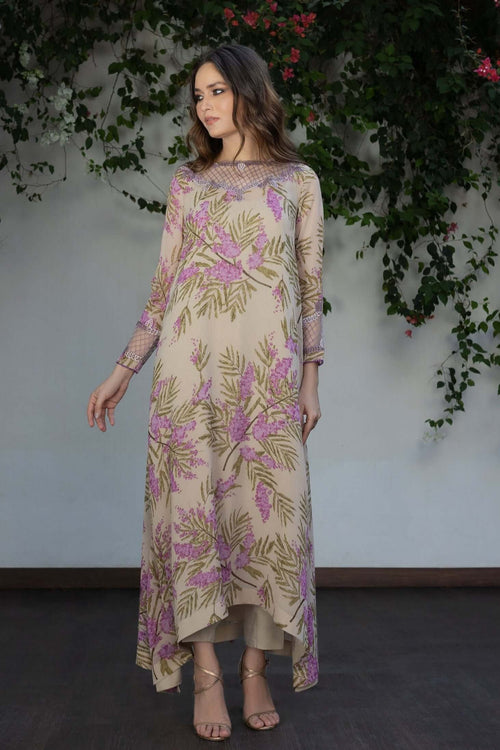 Lavender Floral Embroidered Long Dress