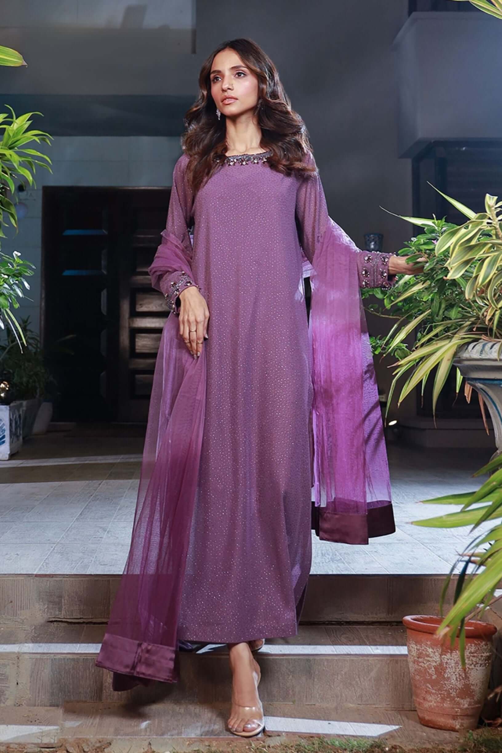 Lavender Color Dress Hand Embroidered Ensemble VELOUR Lavender Color Dress Hand Embroidered Ensemble VELOUR