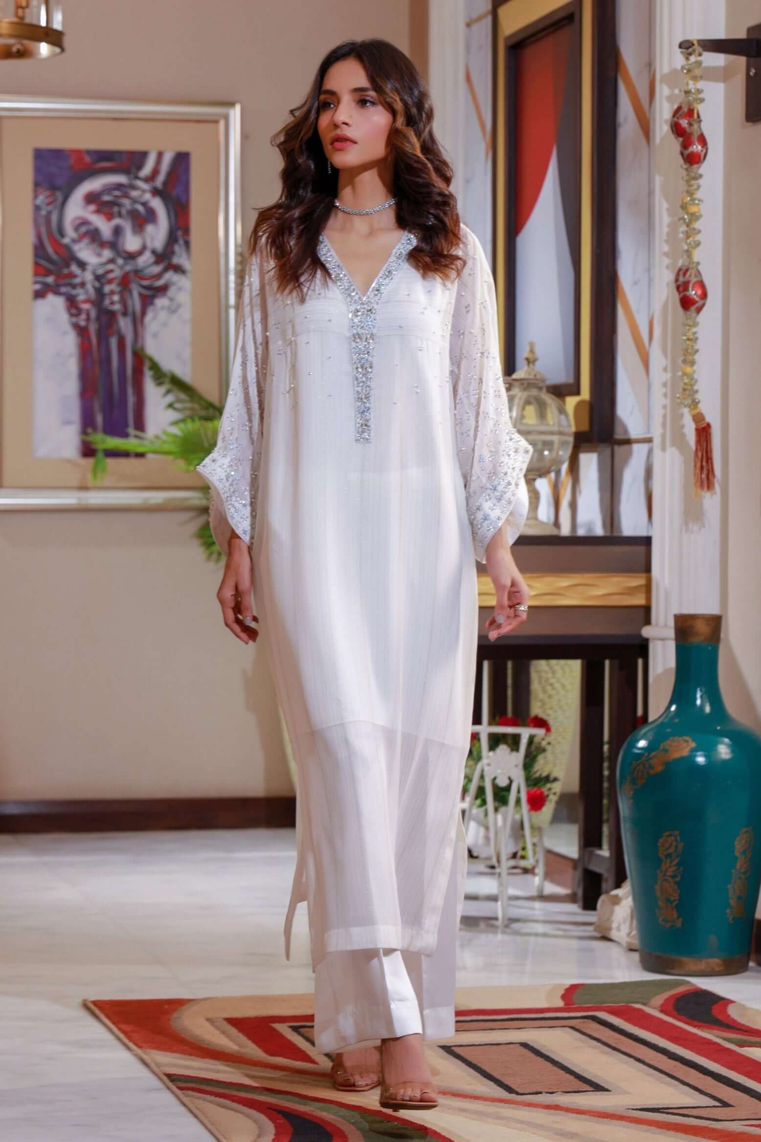 Elegant Silk White Dress Design | Hand Embroidered VELOUR Elegant Silk White Dress Design | Hand Embroidered VELOUR