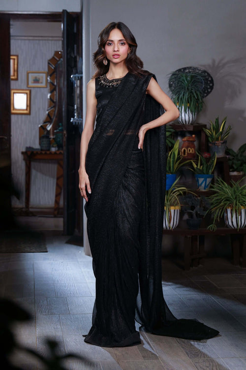 Antique Gold Embroidered Black Saree