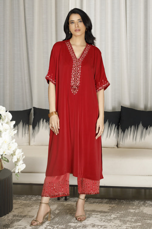 Hand Embroidered Scarlet Kaftan Set