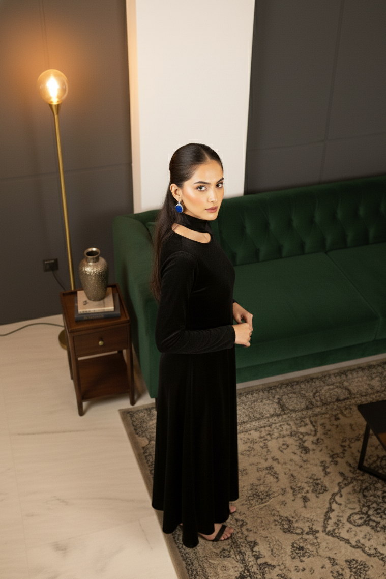 Black Velvet Cutout Long Dress