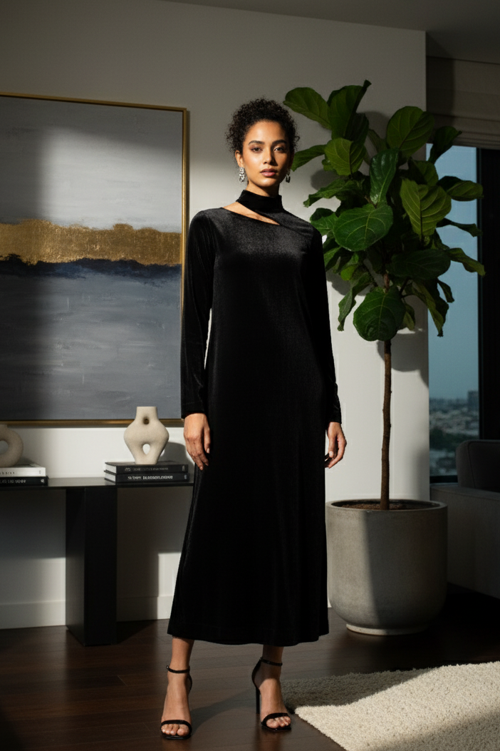 Black Velvet Cutout Long Dress