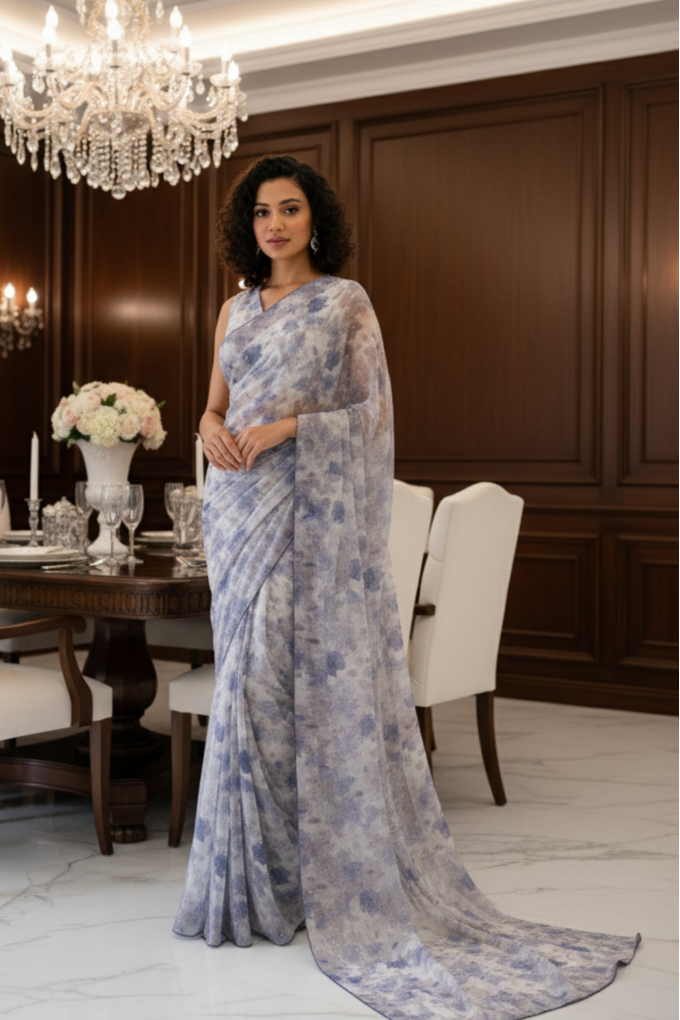 Woman in a floral saree standing in a elegantly decorated room with a chandelier.