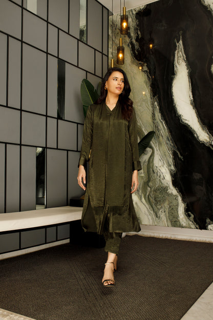 Rifle Green Textured Silk Dress