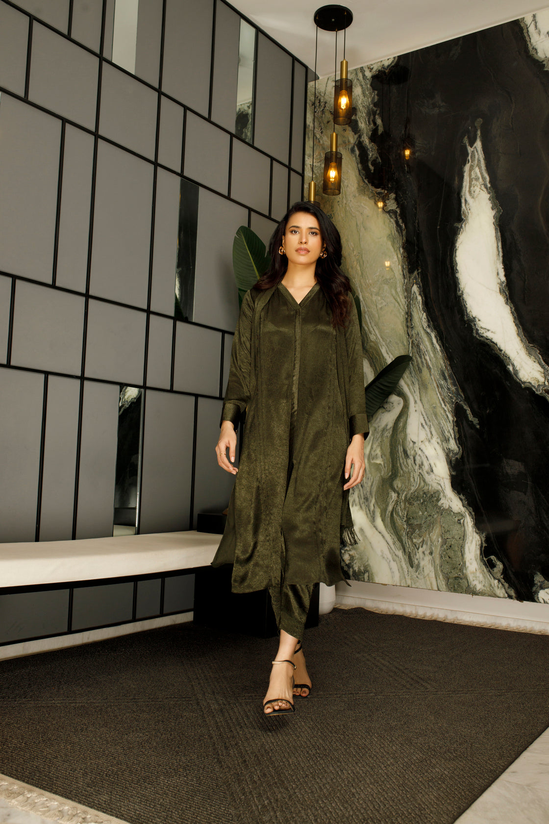 Rifle Green Textured Silk Dress