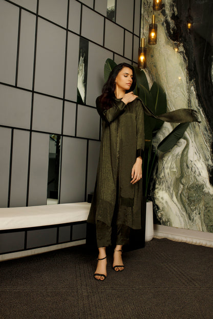 Rifle Green Textured Silk Dress