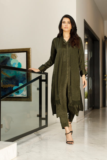 Rifle Green Textured Silk Dress