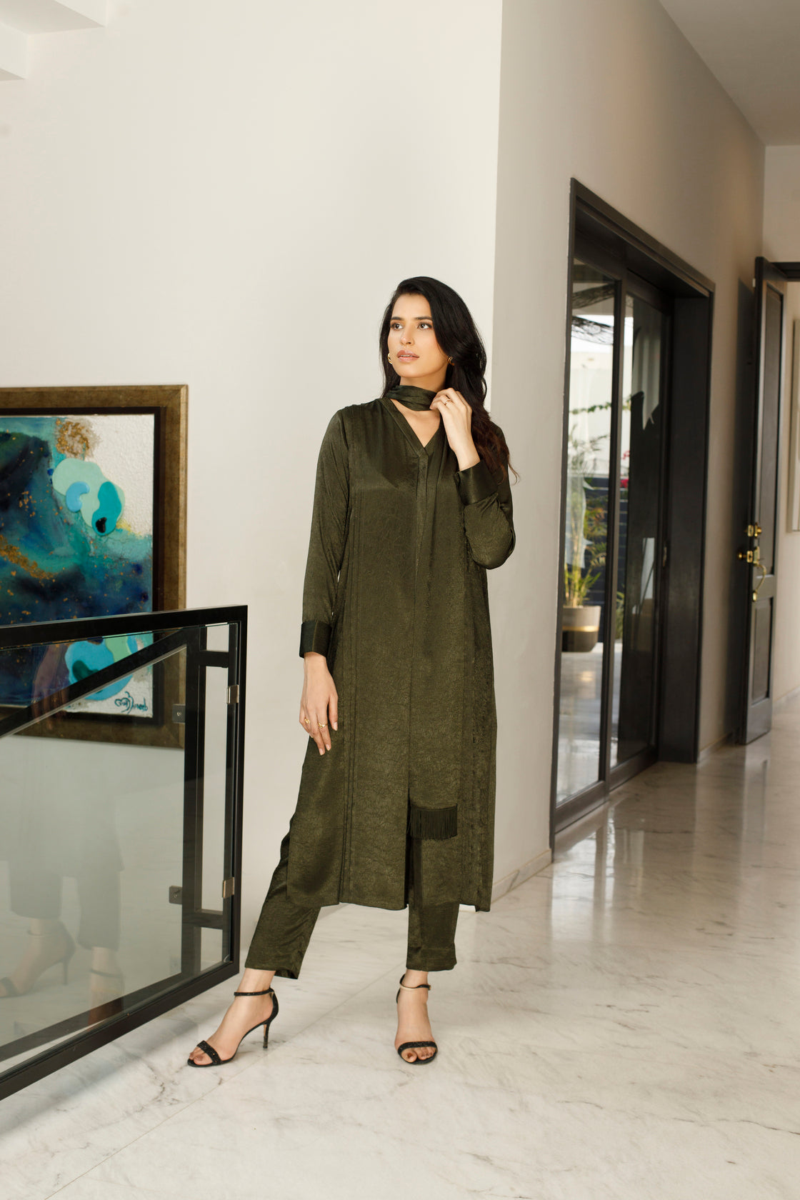 Rifle Green Textured Silk Dress