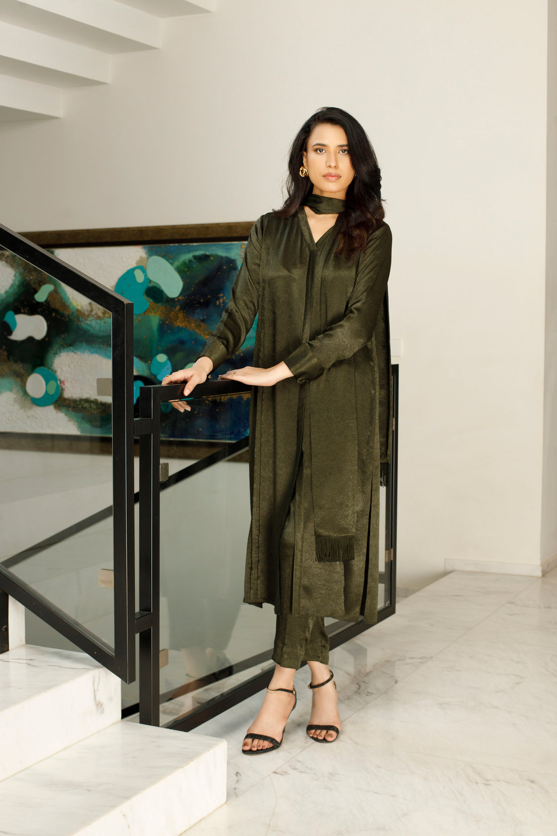 Rifle Green Textured Silk Dress