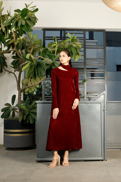 Wine Velvet Cutout Long Dress