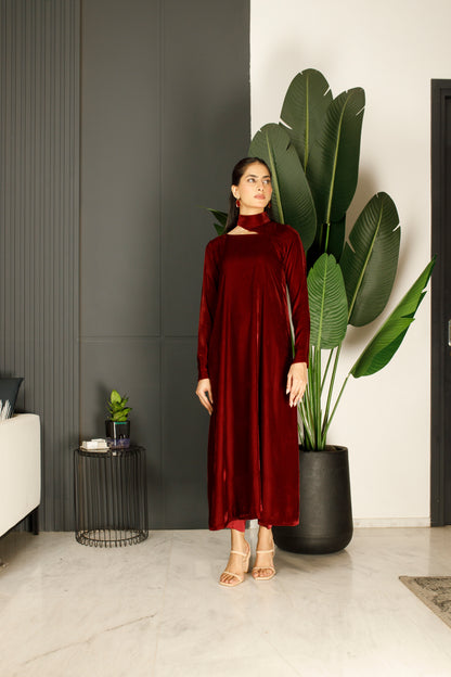 Wine Velvet Cutout Long Dress