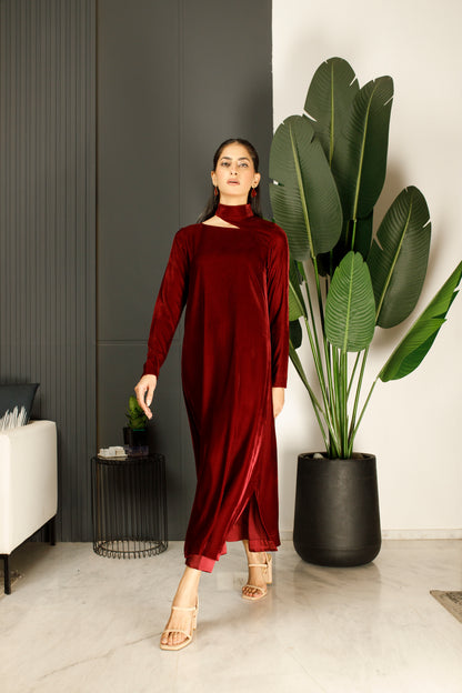 Wine Velvet Cutout Long Dress