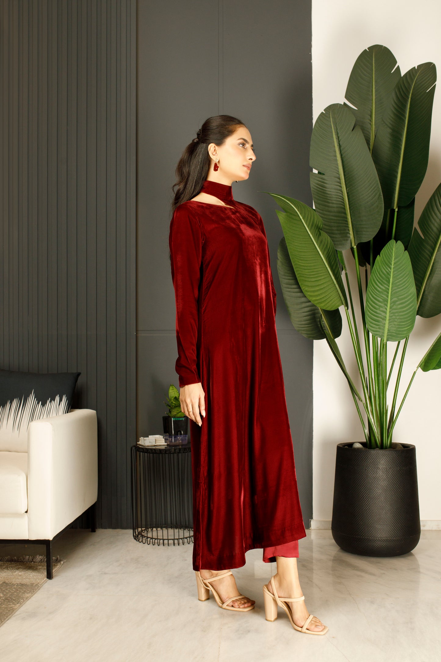 Wine Velvet Cutout Long Dress