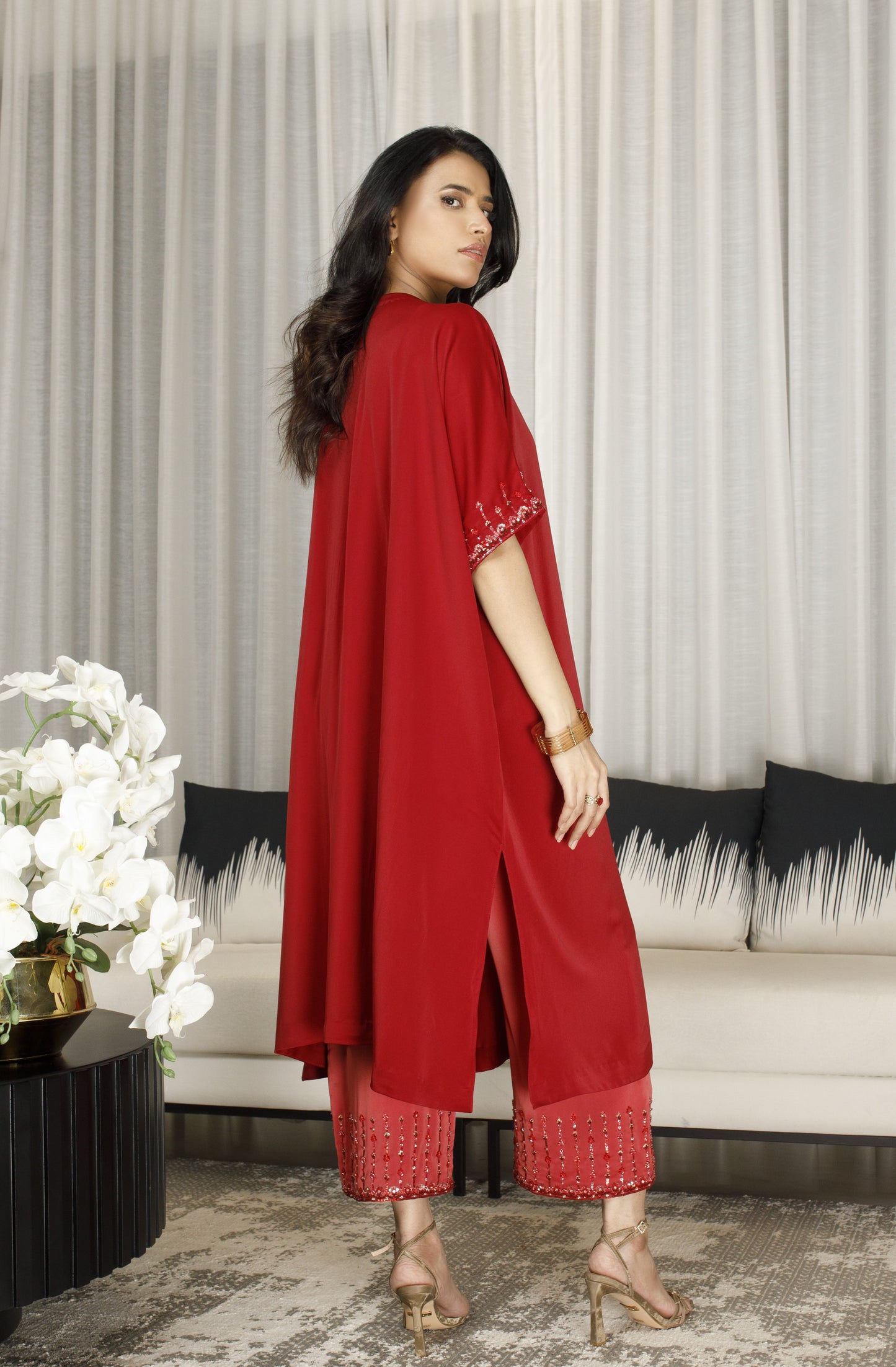 Hand Embroidered Scarlet Kaftan Set