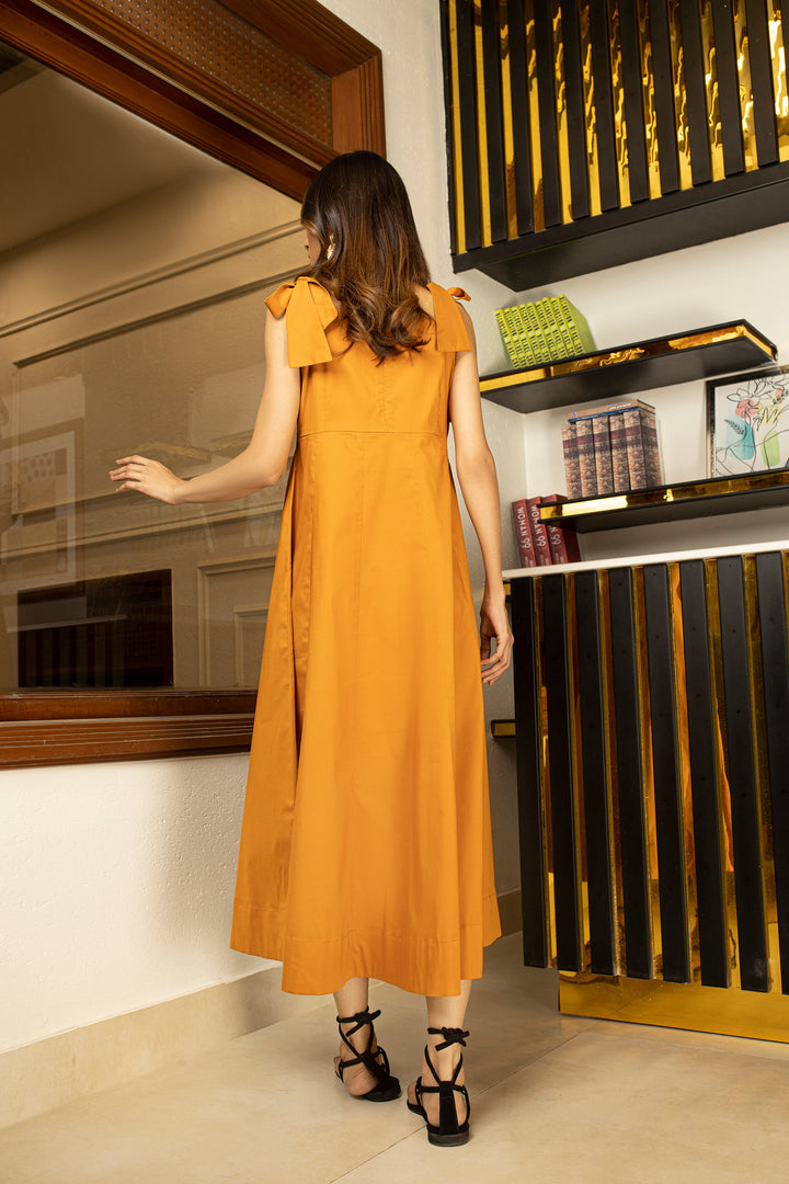 Bow-Adorned Mustard Long Dress