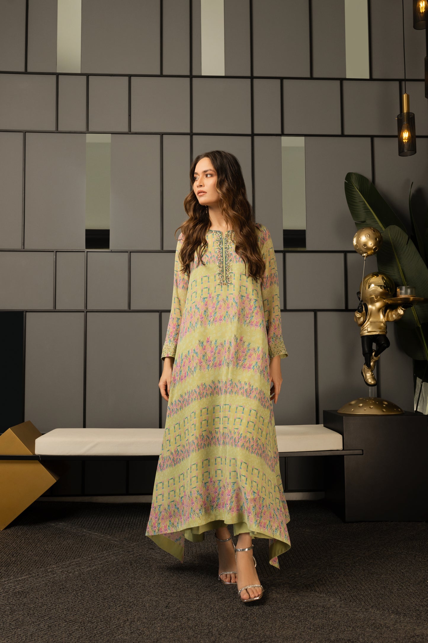 Pistachio Printed Asymmetric Long Dress