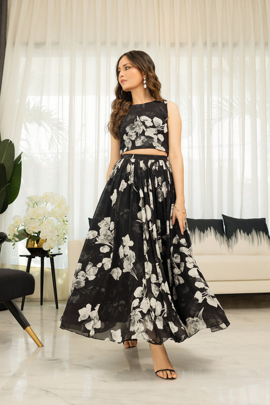 Black and White Printed Skirt Set