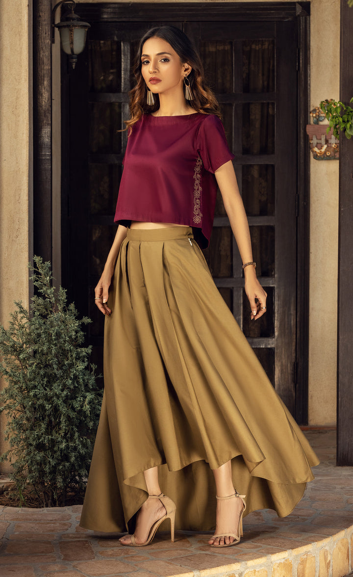 Plum Embroidered Top and Khaaki Skirt