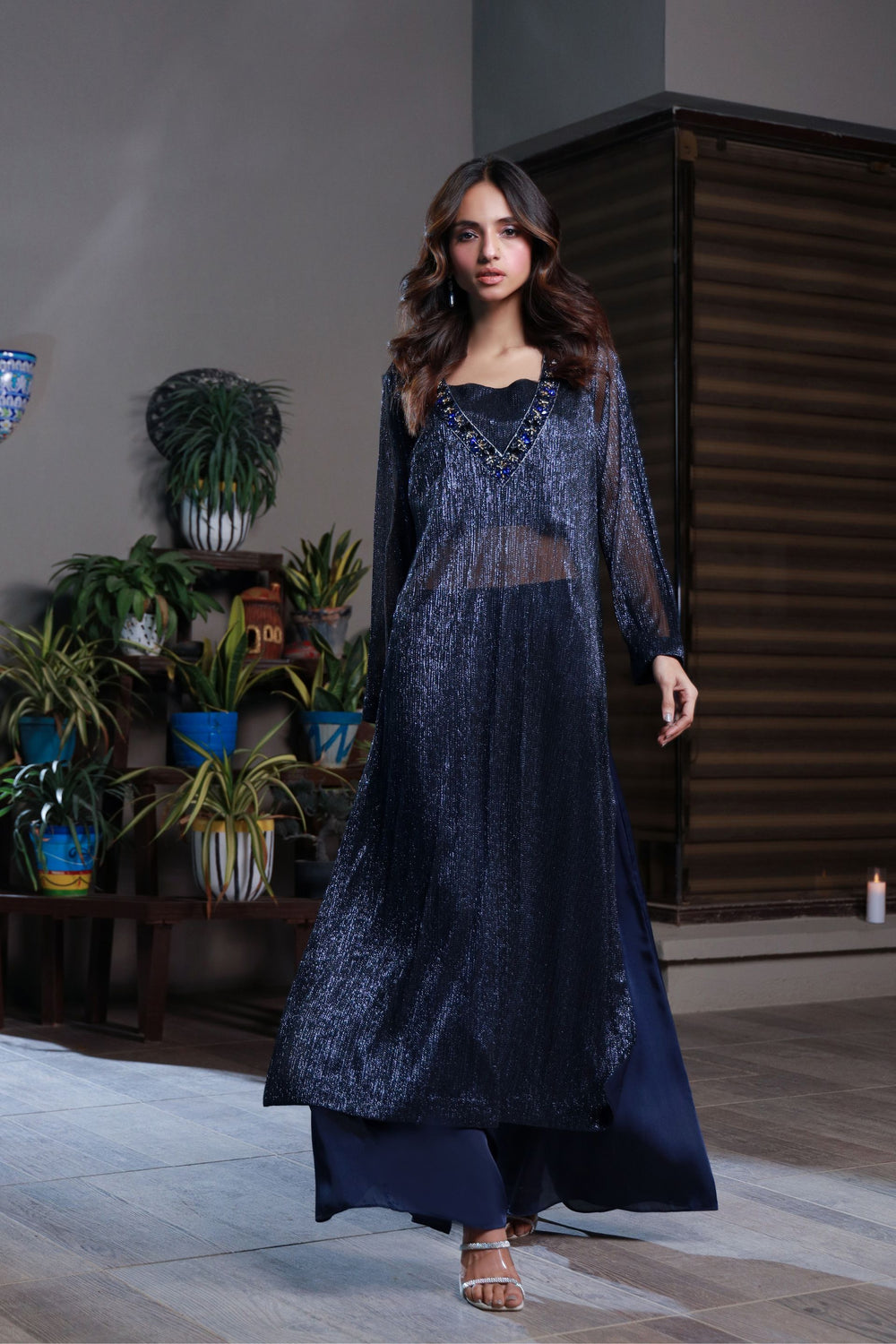 Party Wear Blue Hand Embroidered Long Shirt and Flared Trouser