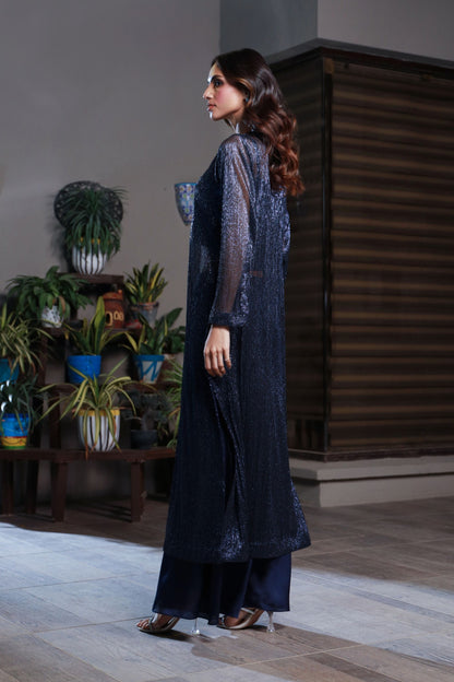 Party Wear Blue Hand Embroidered Long Shirt and Flared Trouser