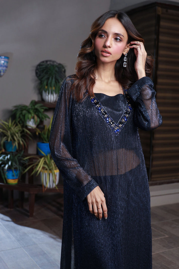 Party Wear Blue Hand Embroidered Long Shirt and Flared Trouser