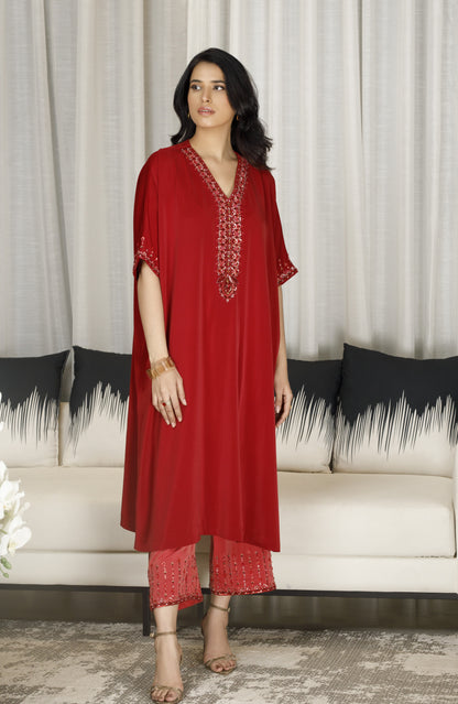 Hand Embroidered Scarlet Kaftan Set