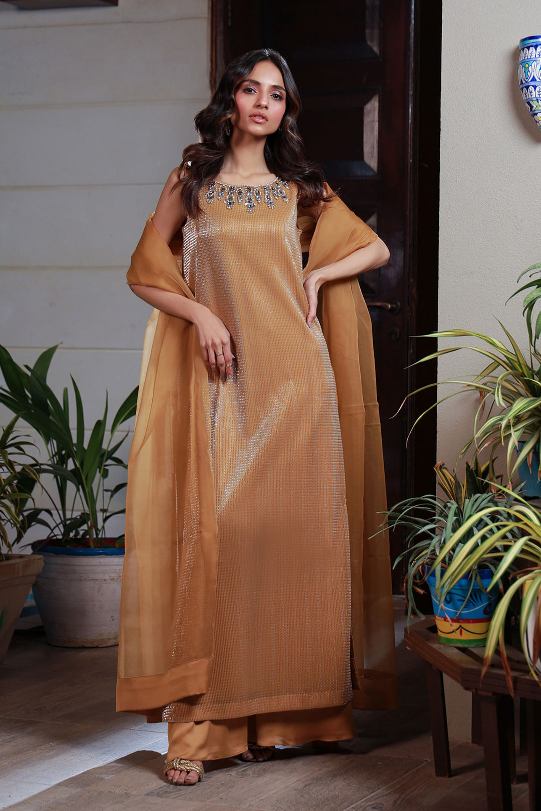 Sparkling Gold Hand-Embroidered Ensemble