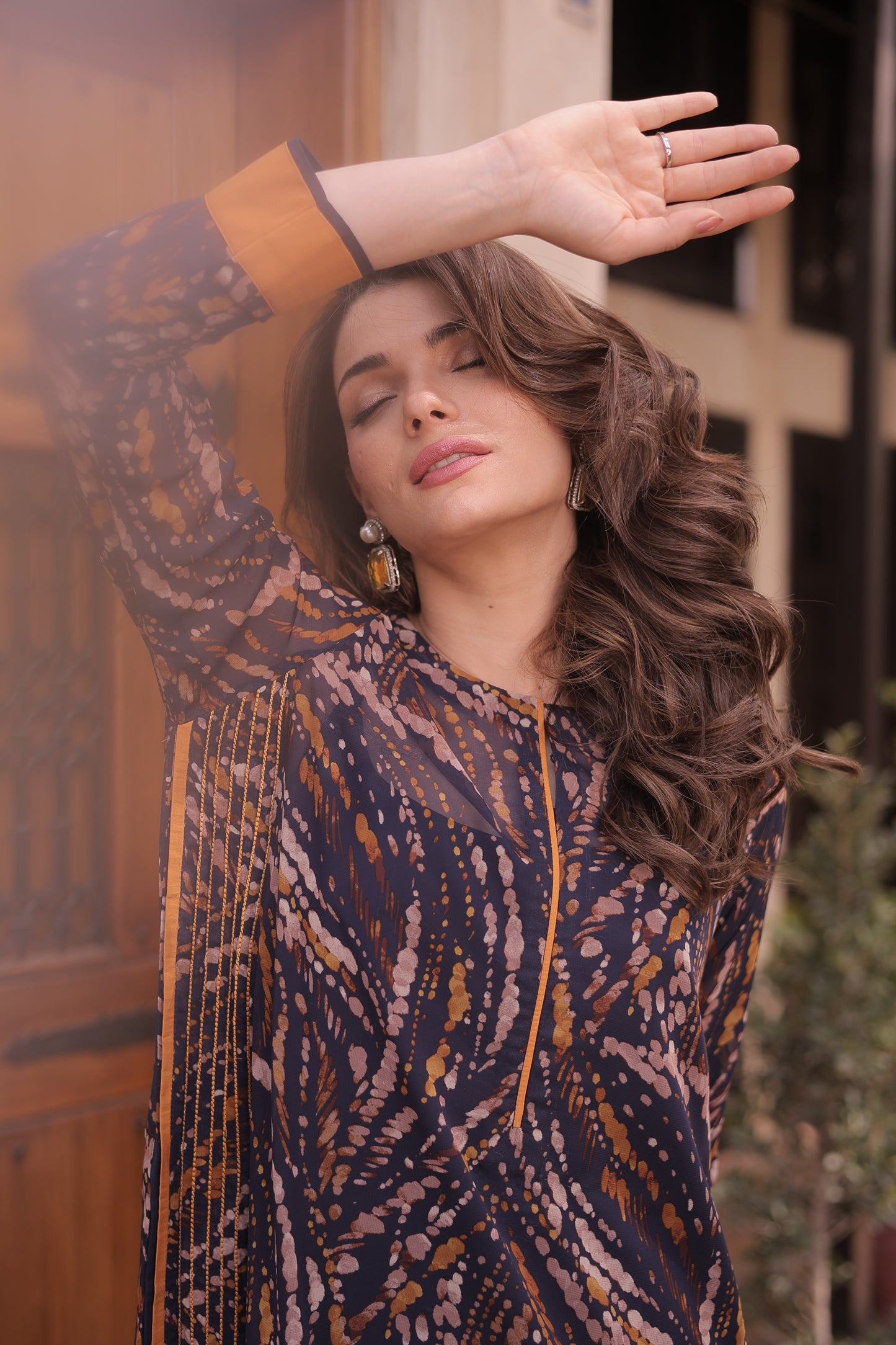 Deep Blue Abstract Printed Long Shirt and Pants