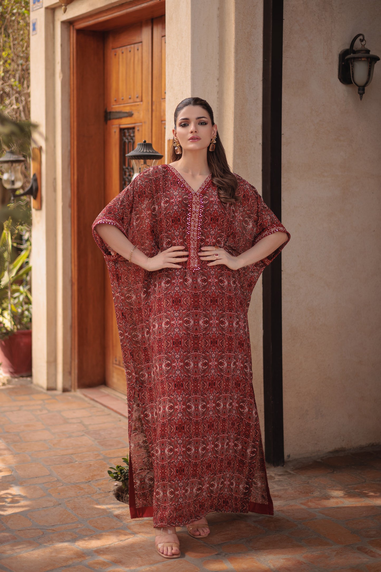 Crimson Bloom Embroidered Kaftan