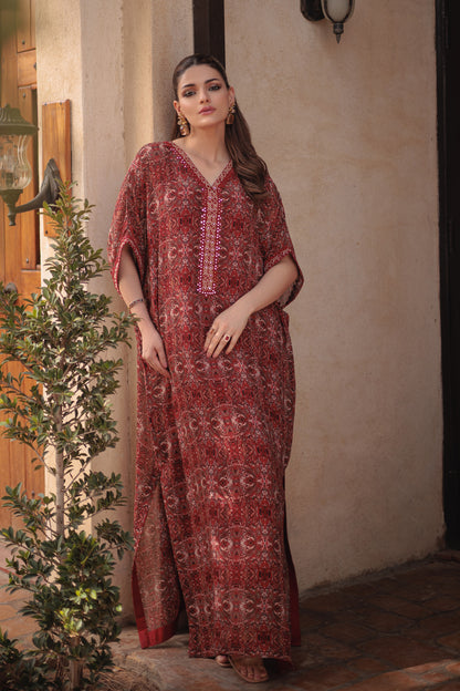 Crimson Bloom Embroidered Kaftan