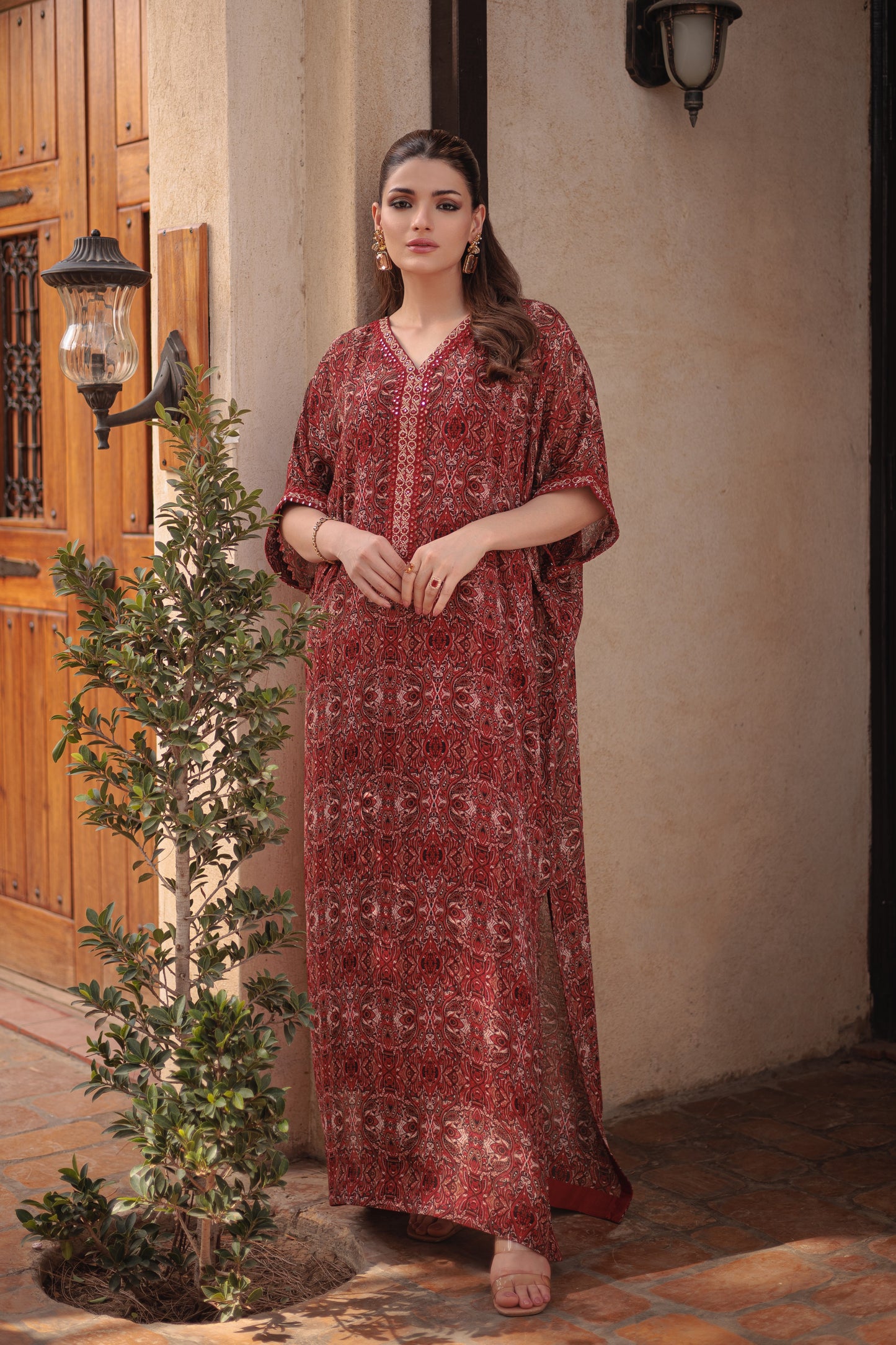 Crimson Bloom Embroidered Kaftan