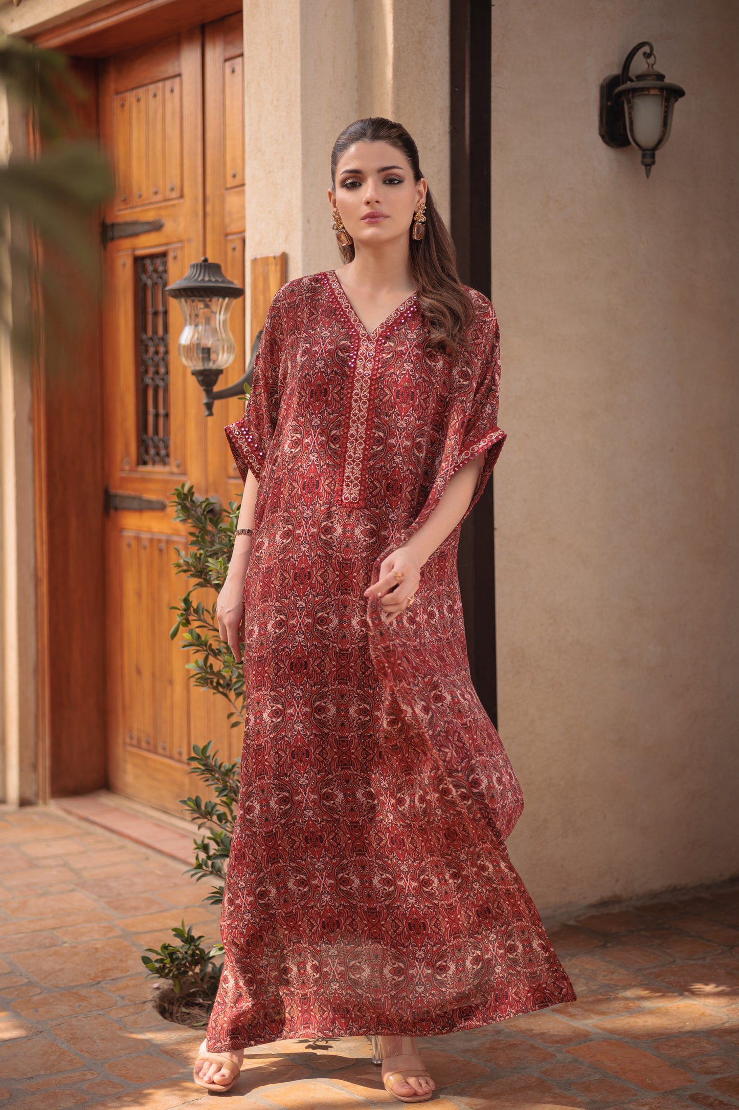 Crimson Bloom Embroidered Kaftan