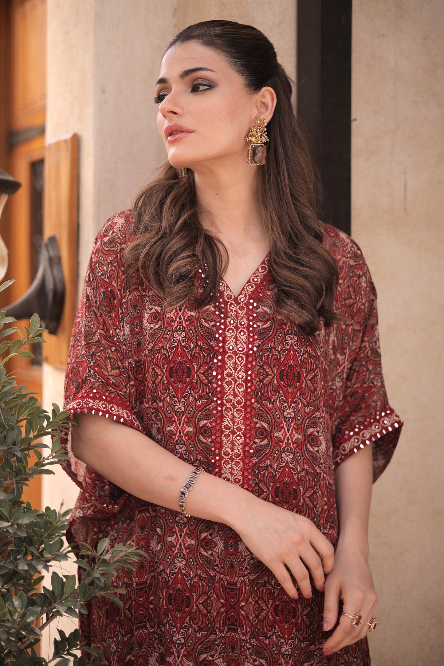 Crimson Bloom Embroidered Kaftan