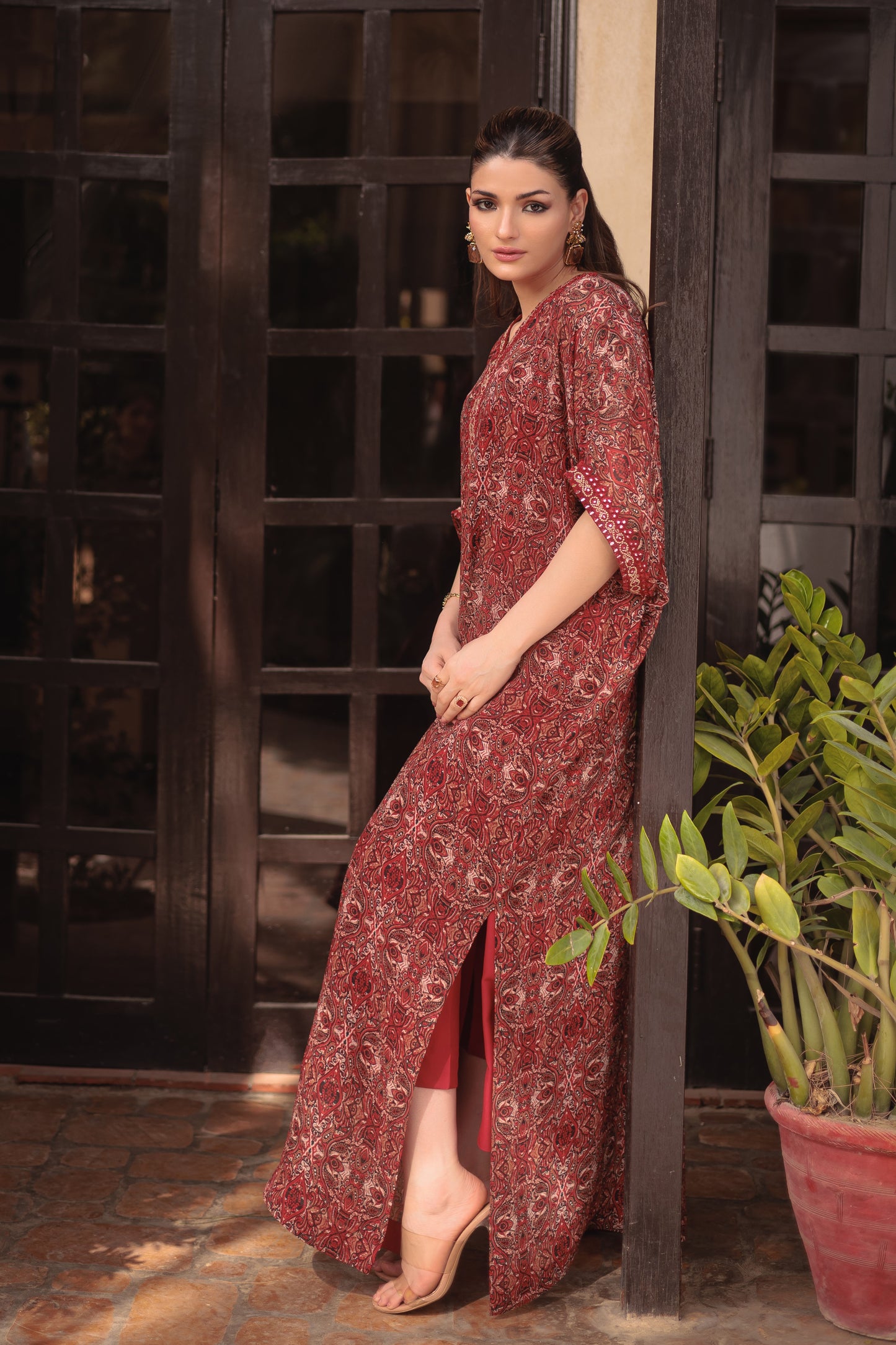 Crimson Bloom Embroidered Kaftan