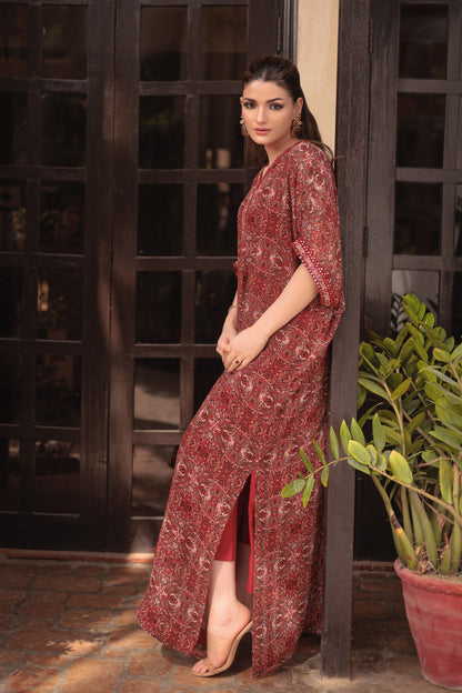 Crimson Bloom Embroidered Kaftan