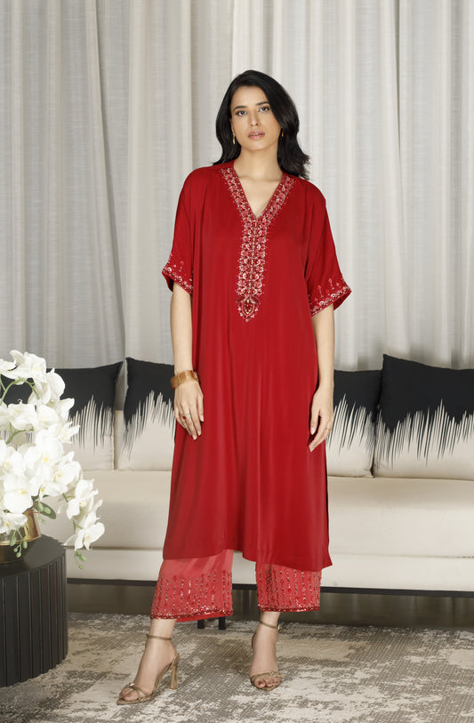 Hand Embroidered Scarlet Kaftan Set