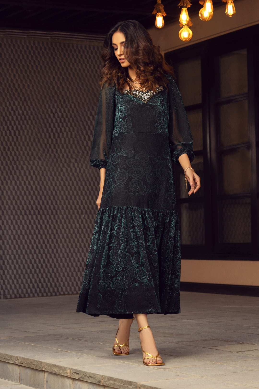 Green Embroidered Camouflaging Tiered Dress