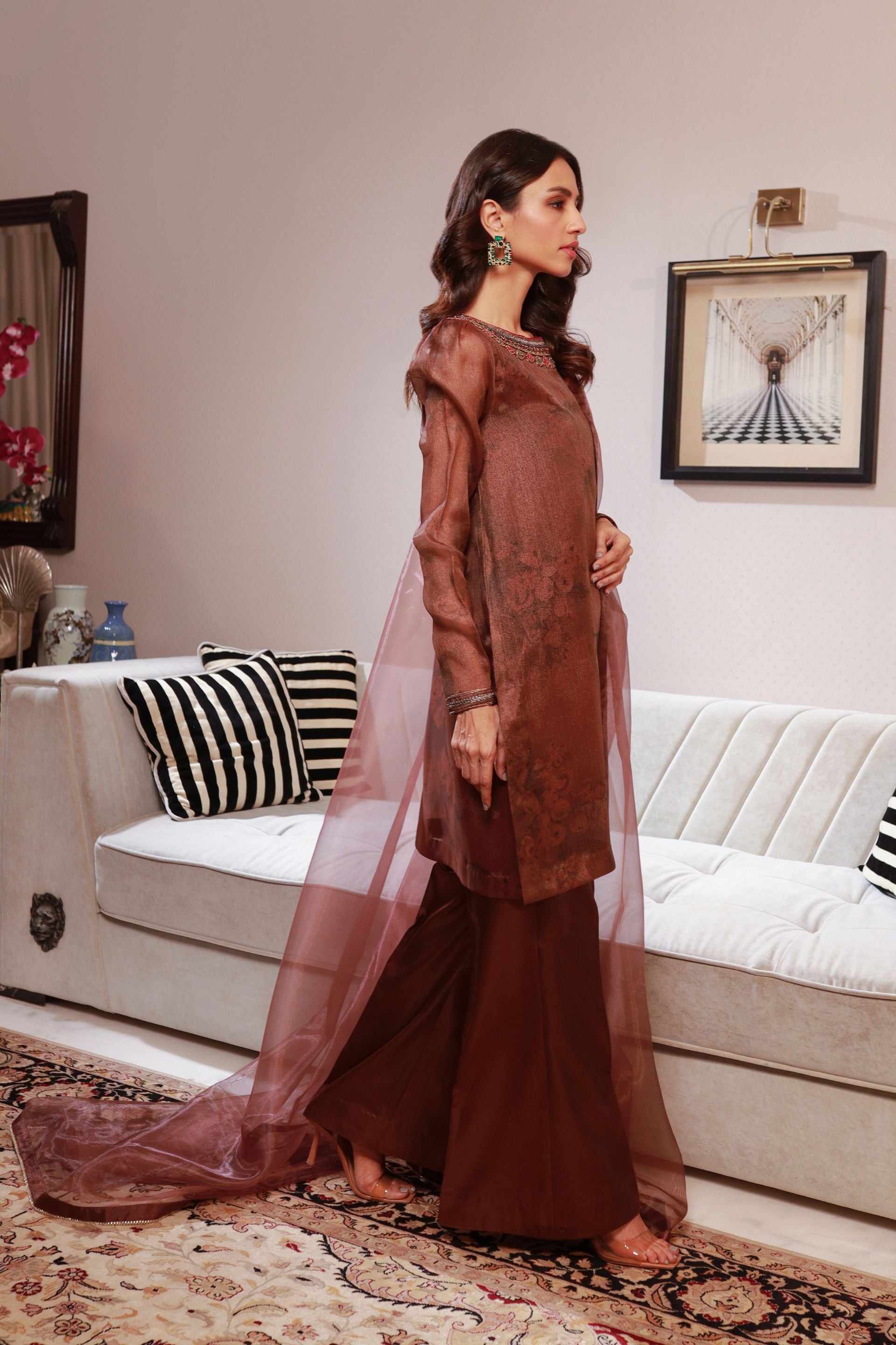 Brown Hand Embroidered Three Piece Dress