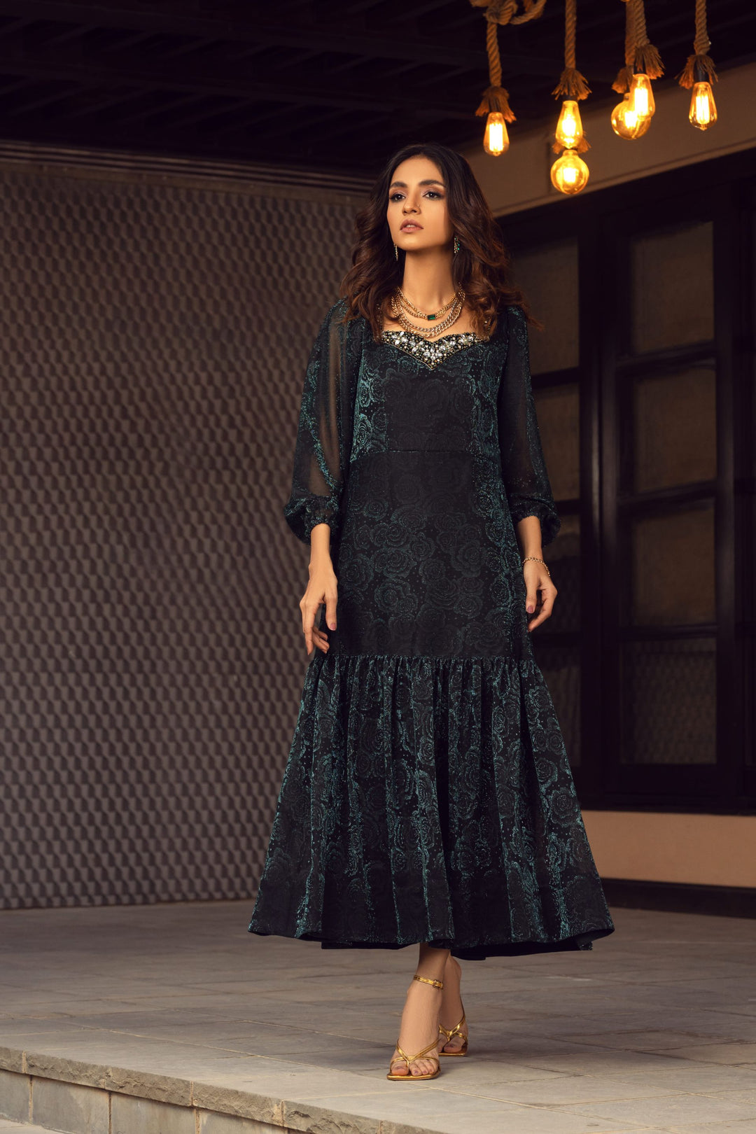 Green Embroidered Camouflaging Tiered Dress