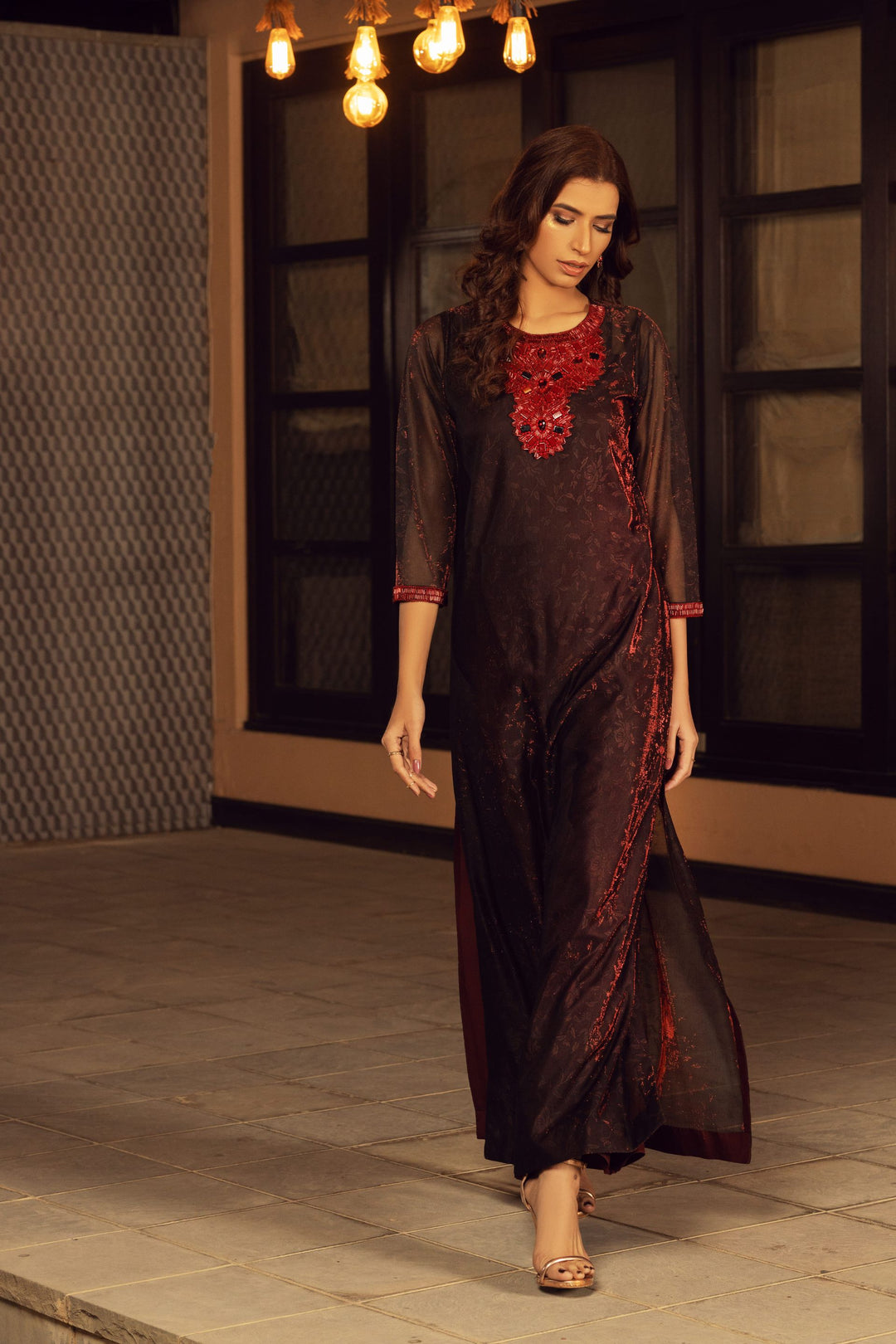Red Camouflaging Embroidered Dress