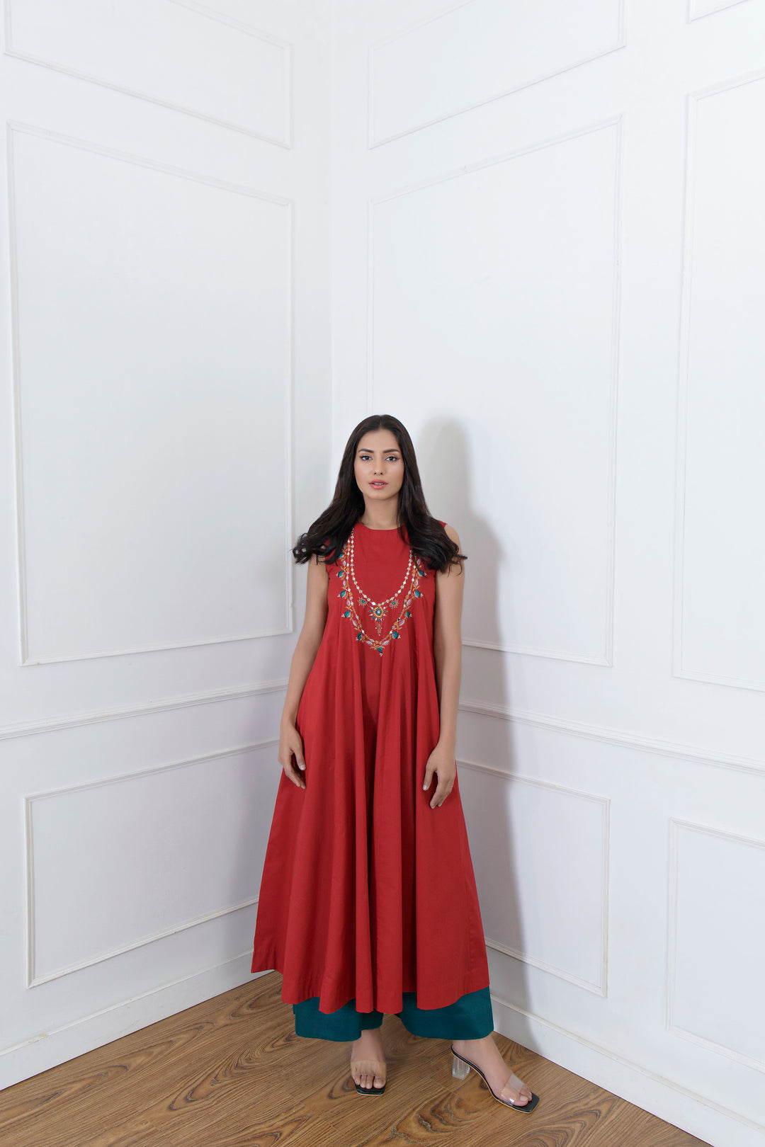 Red Embroidered Long Dress with Team Flared Trousers