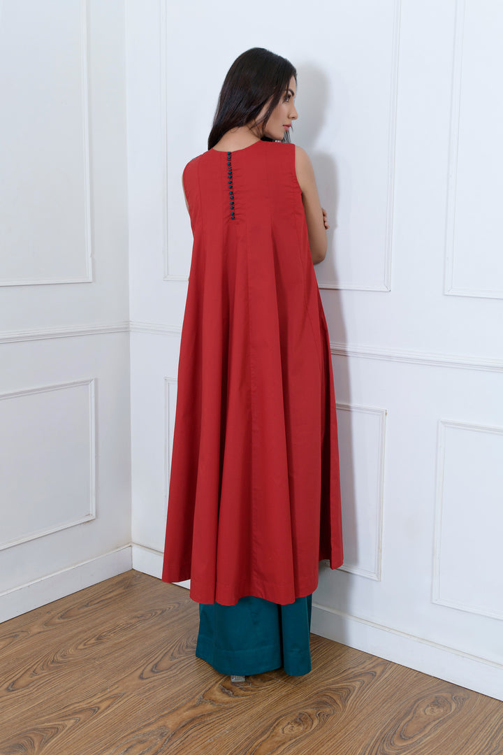 Red Embroidered Long Dress with Team Flared Trousers