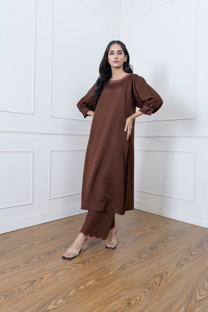 Brown Embroidered Long Shirt and Trouser Side