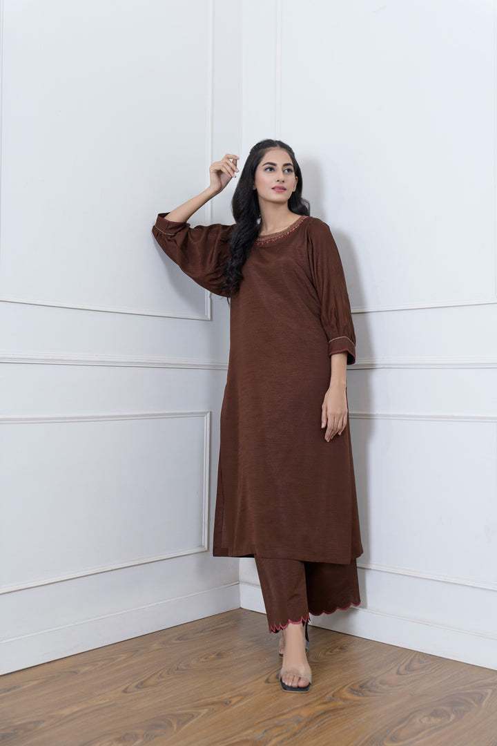 Brown Embroidered Long Shirt and Trouser Sleeves