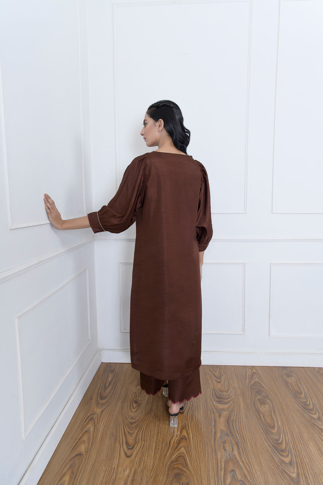 Brown Embroidered Long Shirt and Trouser Back